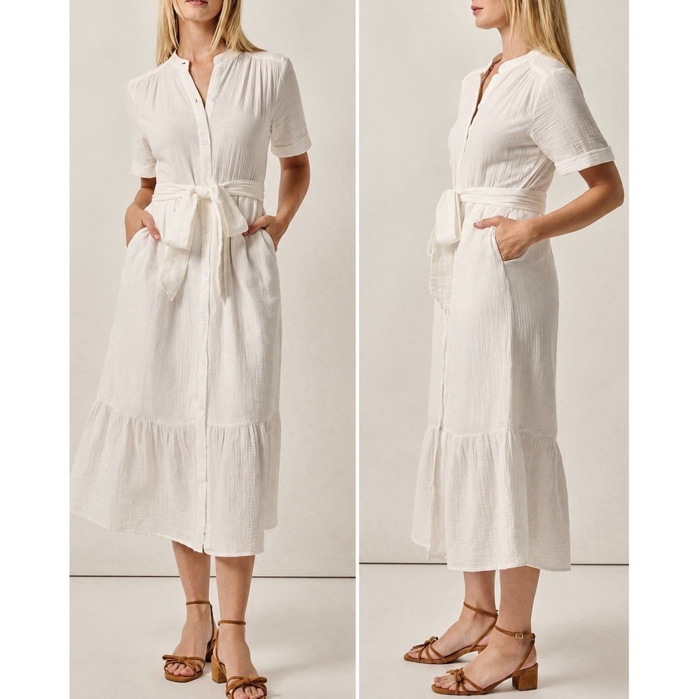 Johnnie-O Women's Julie Button Up Cotton Midi Dress White Small NWT Belted $198